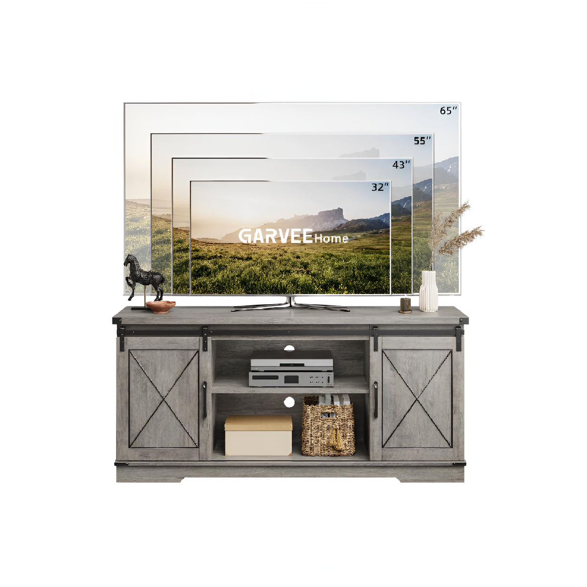 65" Rustic Farmhouse TV Stand with Sliding Barn Doors D3744