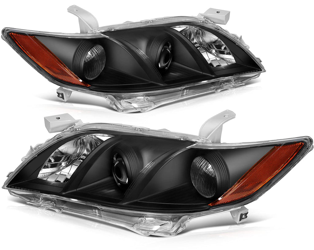 Black Housing Amber Reflector Clear Lens Headlights Assembly Pair T447