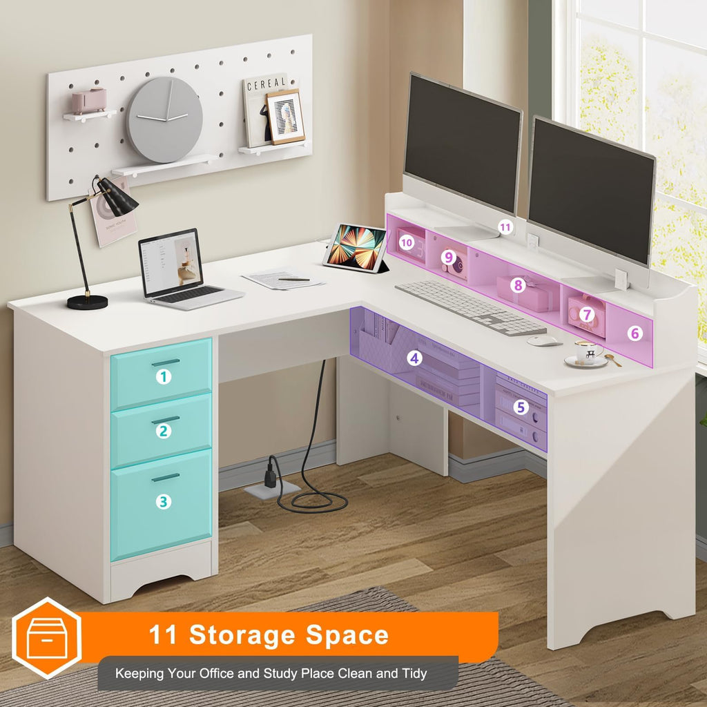 60" White L Shaped Desk with File Drawers H6842