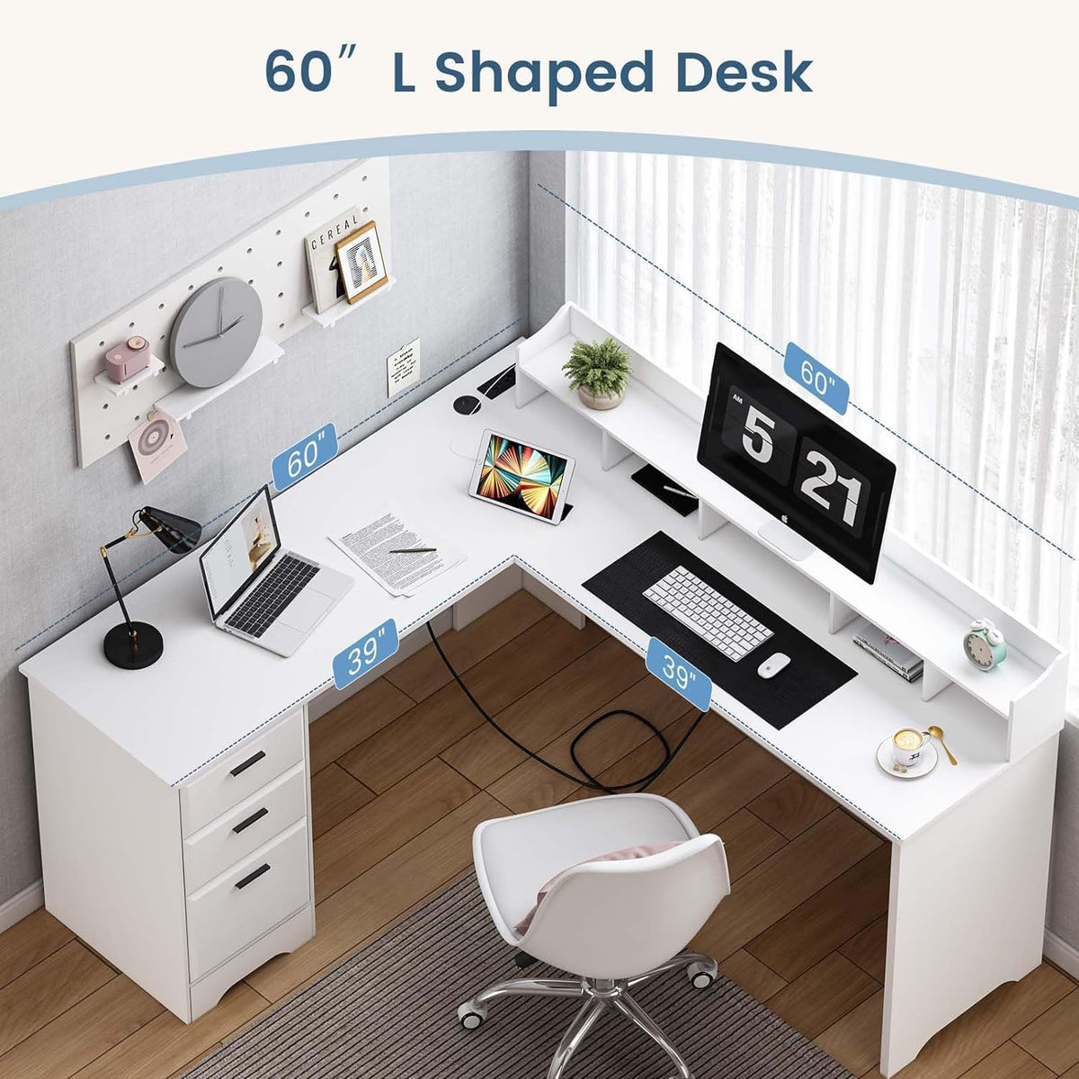 60" White L Shaped Desk with File Drawers H6842