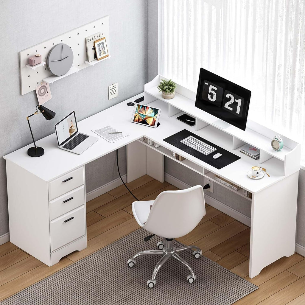 60" White L Shaped Desk with File Drawers H6842