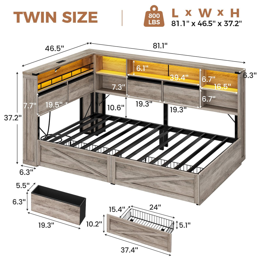 Twin Corner Bed Daybed with 6 Storage Drawers Grey J437086