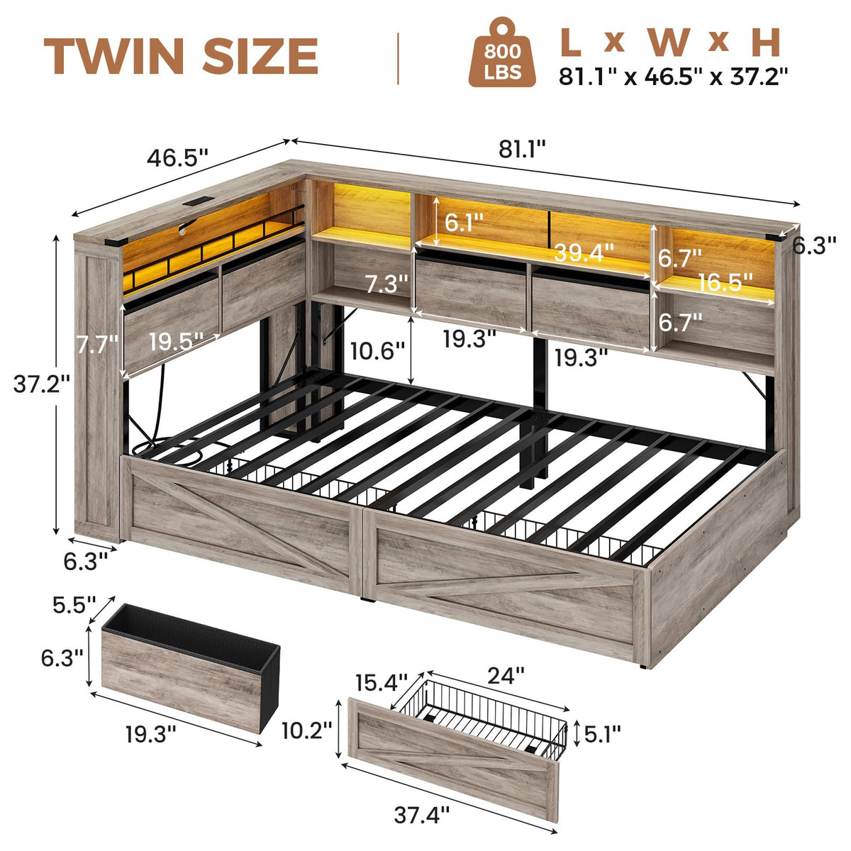 Twin Corner Bed Daybed with 6 Storage Drawers Grey J437086