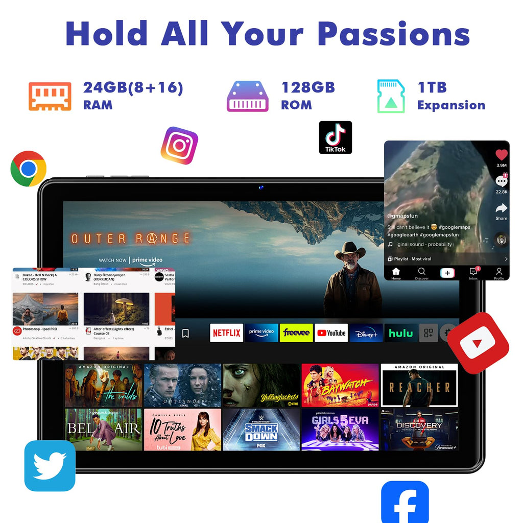 10.1 Inch Android 15 Tablet, 24GB RAM 128GB ROM, 1280 x 800 HD Display, 6000mAh Battery, 5MP+8MP Camera (Black) W205