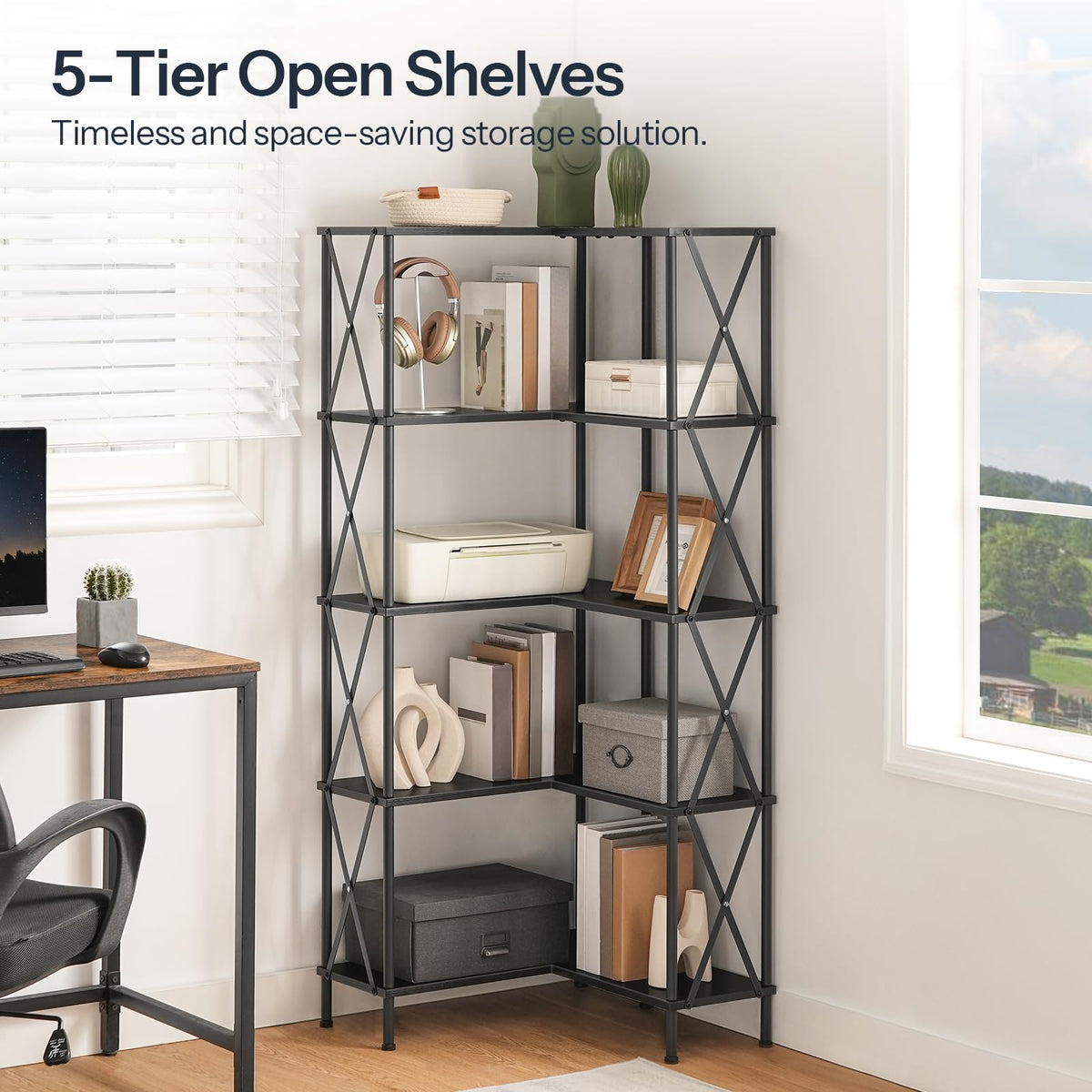 Black 5-Tier L-Shaped Corner Bookshelf U822