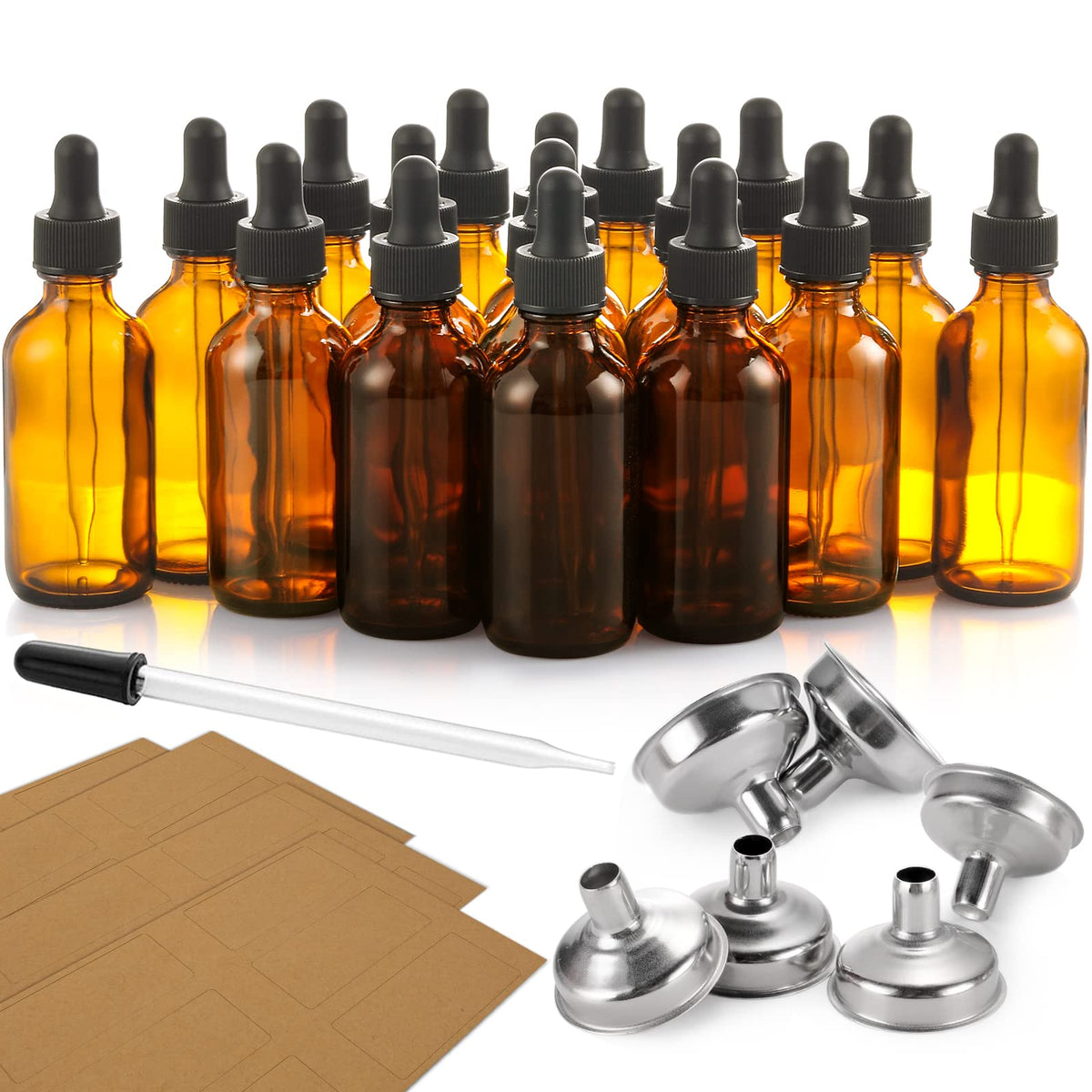 2 oz Dark Amber Dropper Bottles with Funnels R92044