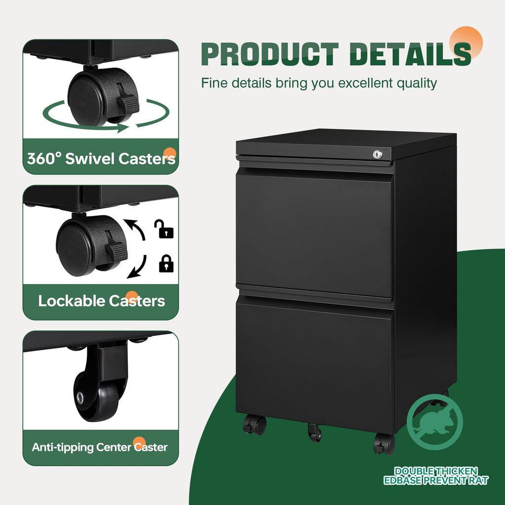 2 Drawer Black Metal Mobile File Cabinet with Lock U31044