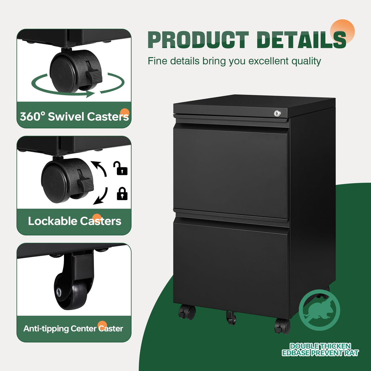 2 Drawer Black Metal Mobile File Cabinet with Lock U31044