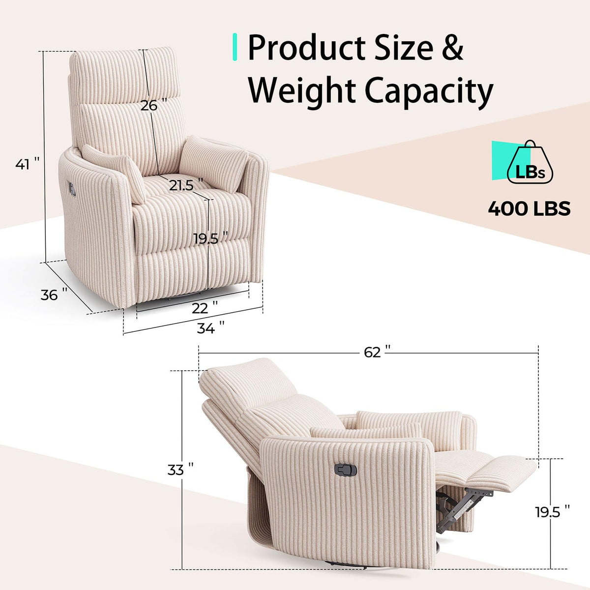 360 Swivel Recliner Chair with 2 Pillows Beige Corduroy W97829