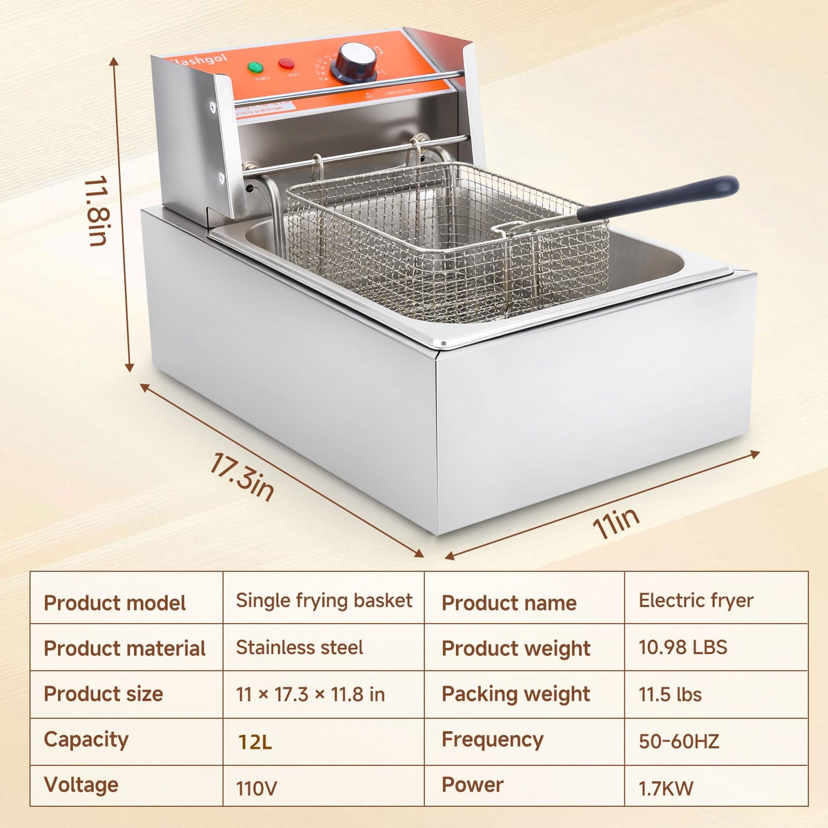 1700W 12L Stainless Steel Electric Deep Fryer with Basket and Lid I11519