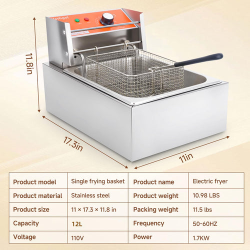 1700W 12L Stainless Steel Electric Deep Fryer with Basket and Lid I11519