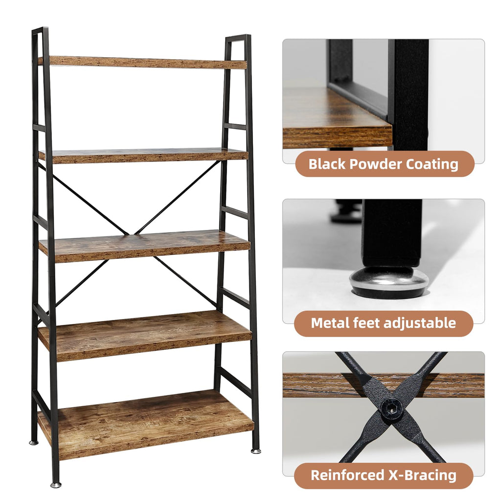 5 Tier Rustic Brown Wood and Metal Bookshelf Z904119