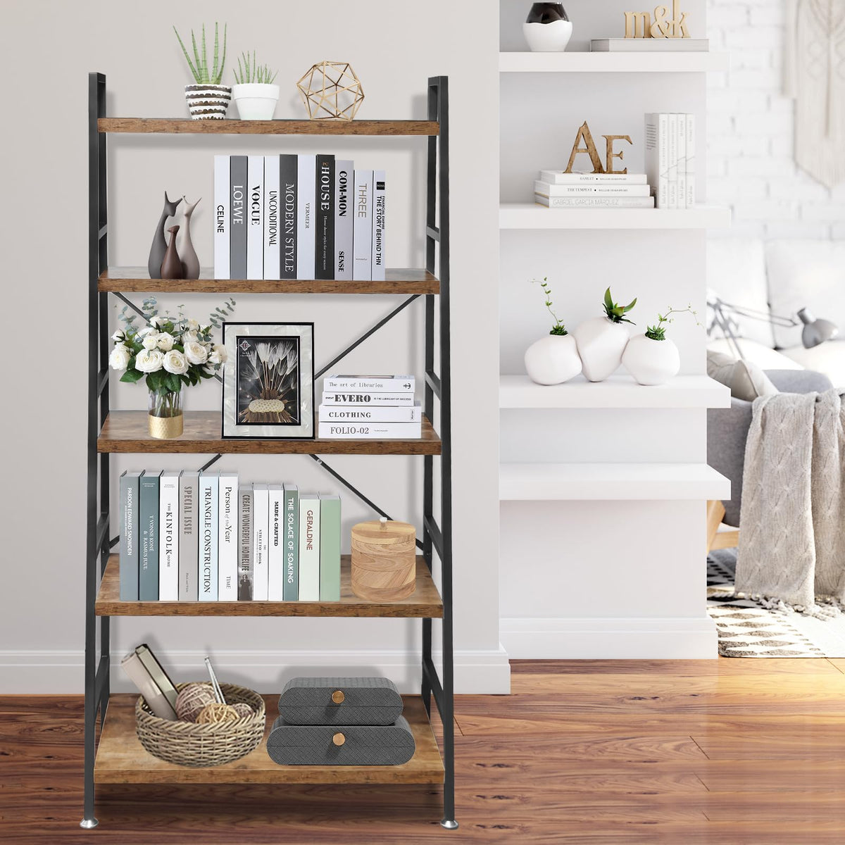 5 Tier Rustic Brown Wood and Metal Bookshelf Z904119