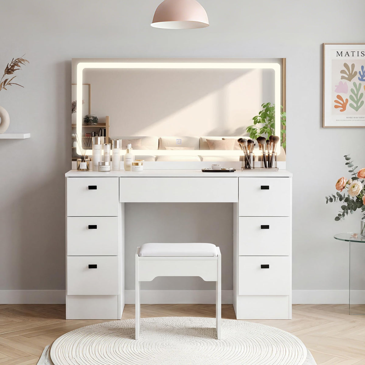 White 7 Drawer Vanity Desk with Mirror and Stool V89815