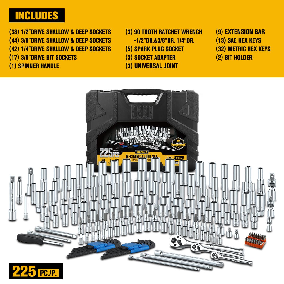 225PCS Mechanic Tool Set, 1/4" & 3/8" & 1/2" Drive Socket Wrench Set, Metric and Standard with 90-Tooth Ratchet Y29836