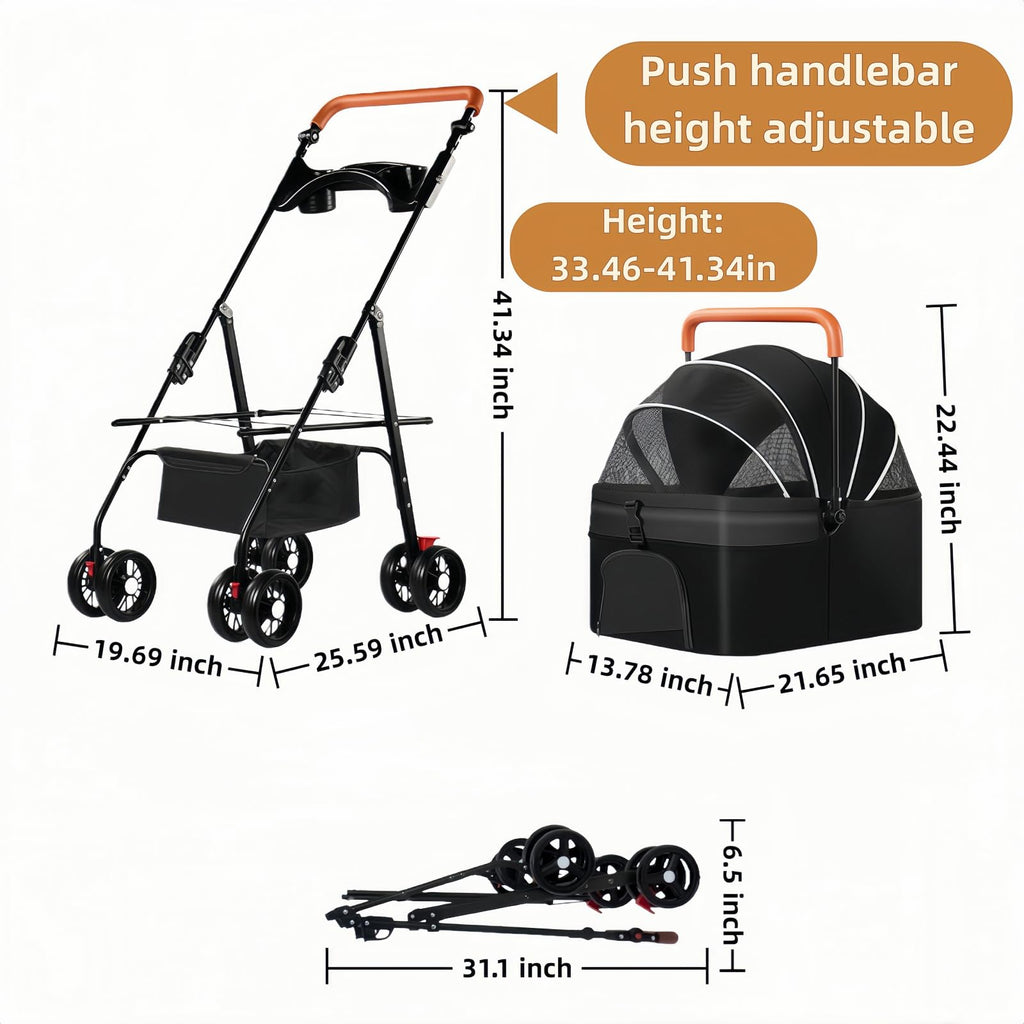 Black Foldable Pet Stroller with Storage Basket B613257