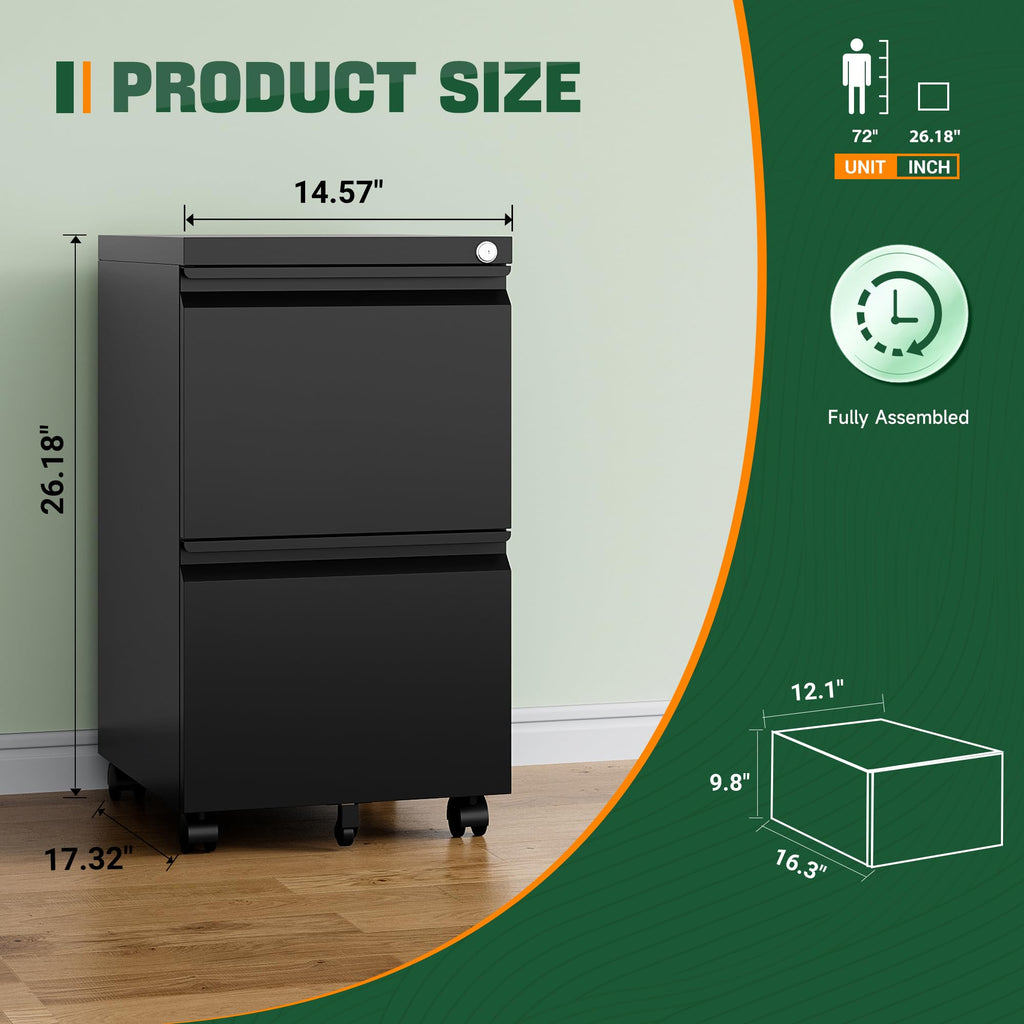 2 Drawer Black Metal Mobile File Cabinet with Lock U31044