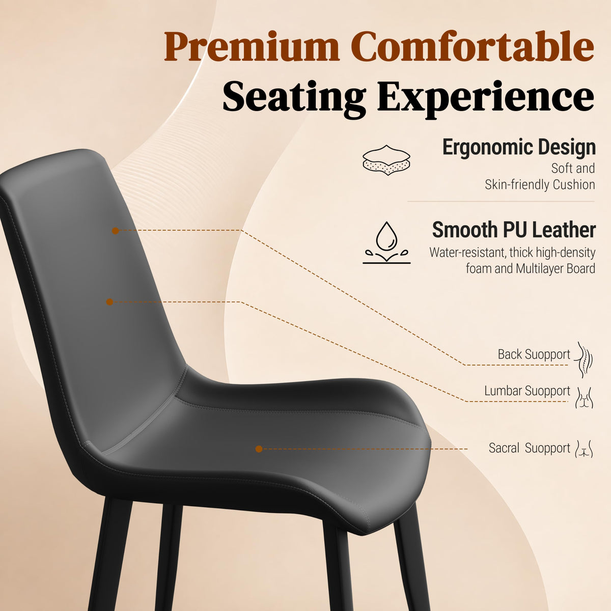 Black Dining Chairs Set of 4 PU Leather Upholstered with Metal Legs N110778