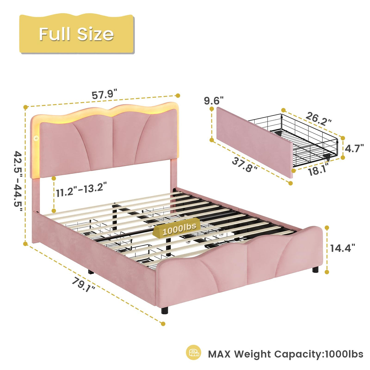 Pink Velvet Upholstered Platform Bed Frame with 4 Storage Drawers T337