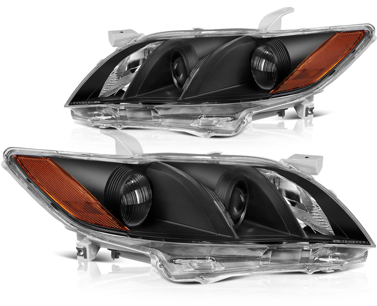 Black Housing Amber Reflector Clear Lens Headlights Assembly Pair T447