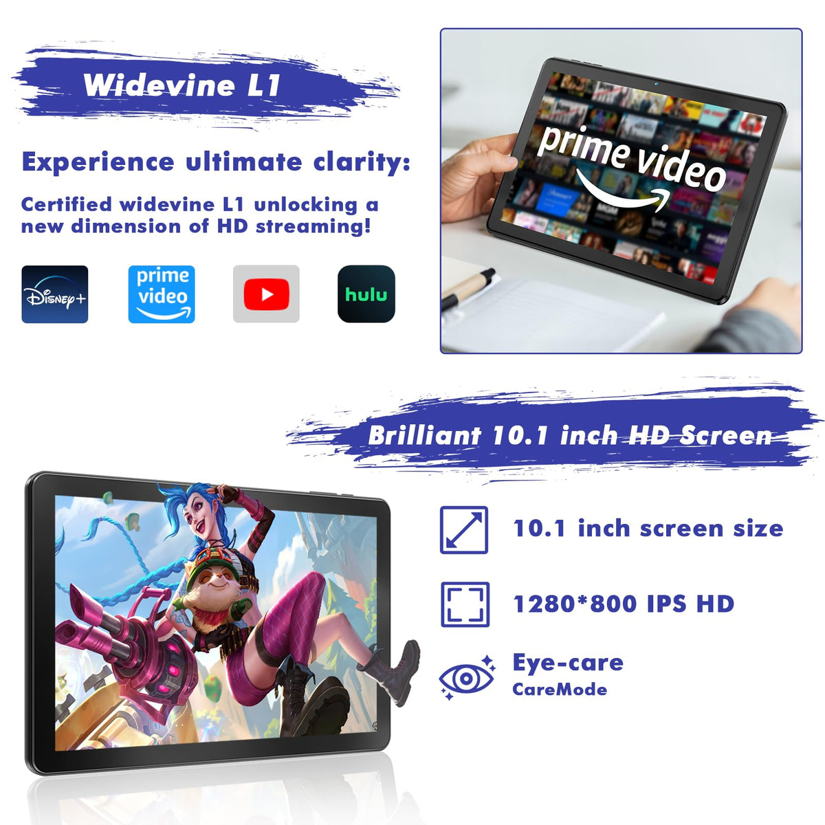 10.1 Inch Android 15 Tablet, 24GB RAM 128GB ROM, 1280 x 800 HD Display, 6000mAh Battery, 5MP+8MP Camera (Black) W205