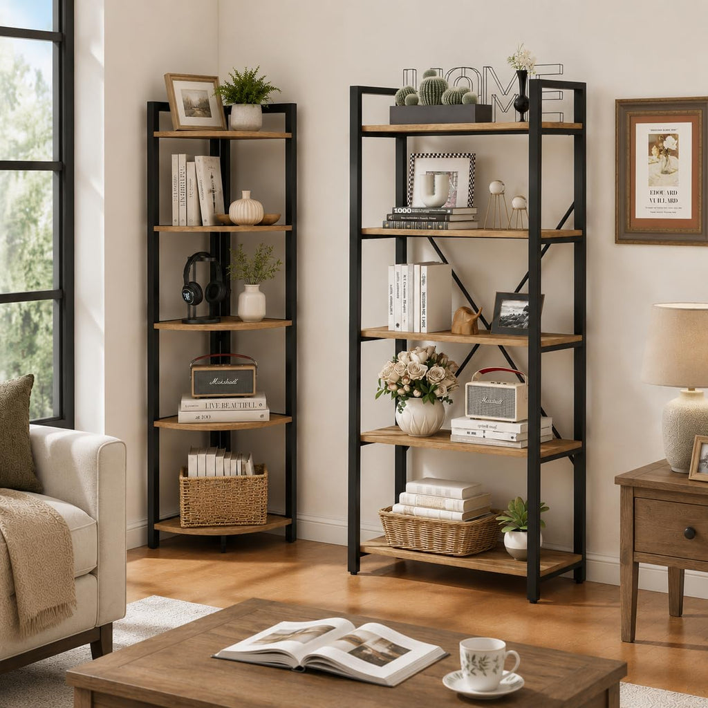 Tall Wood and Metal Corner Bookshelf F4517