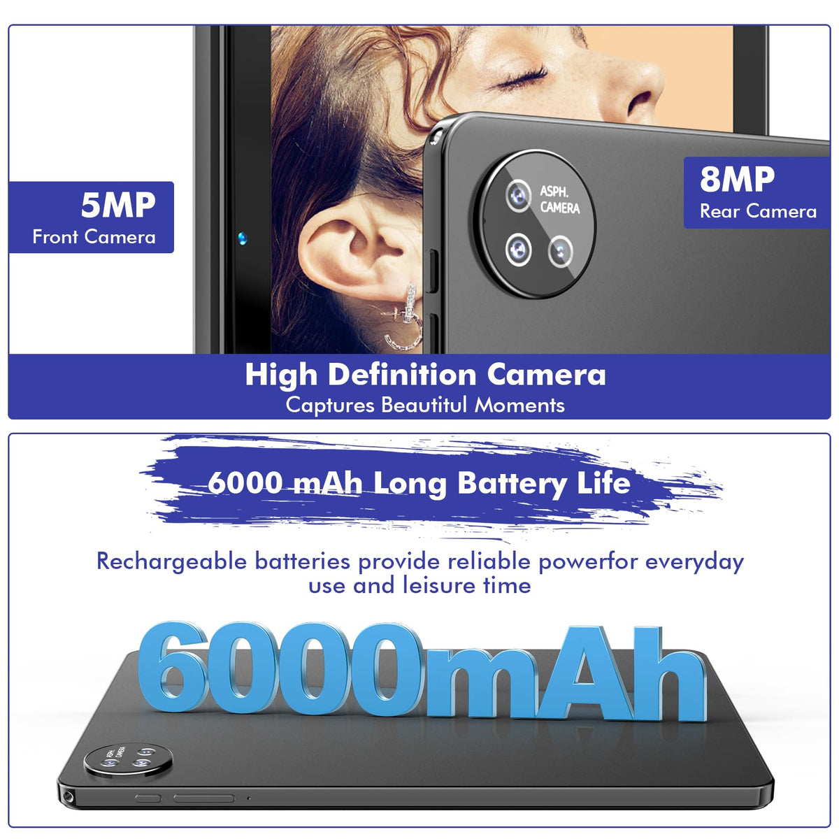 10.1 Inch Android 15 Tablet, 24GB RAM 128GB ROM, 1280 x 800 HD Display, 6000mAh Battery, 5MP+8MP Camera (Black) W205