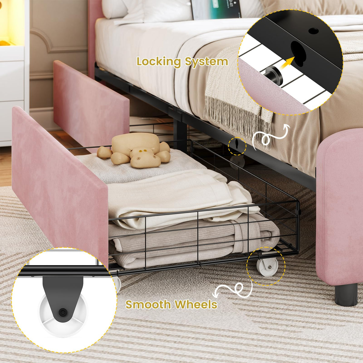 Pink Velvet Upholstered Platform Bed Frame with 4 Storage Drawers T337
