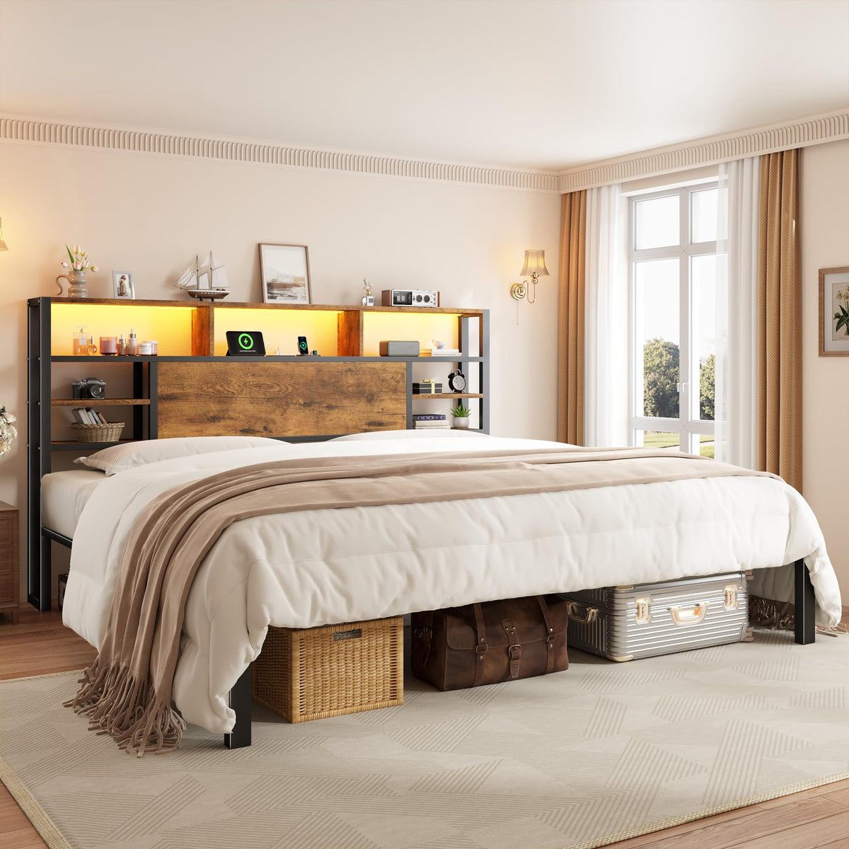 King Bed Frame with Storage Headboard and Charging Station P6449
