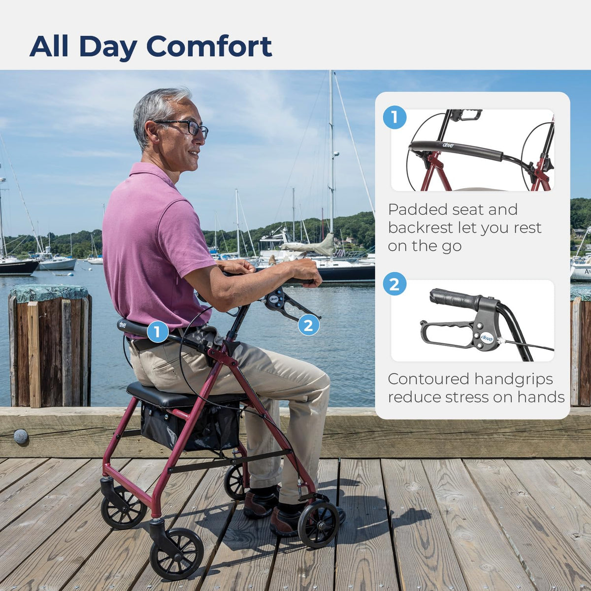 Red Aluminum Rollator Walker with Padded Seat and 6" Wheels D363
