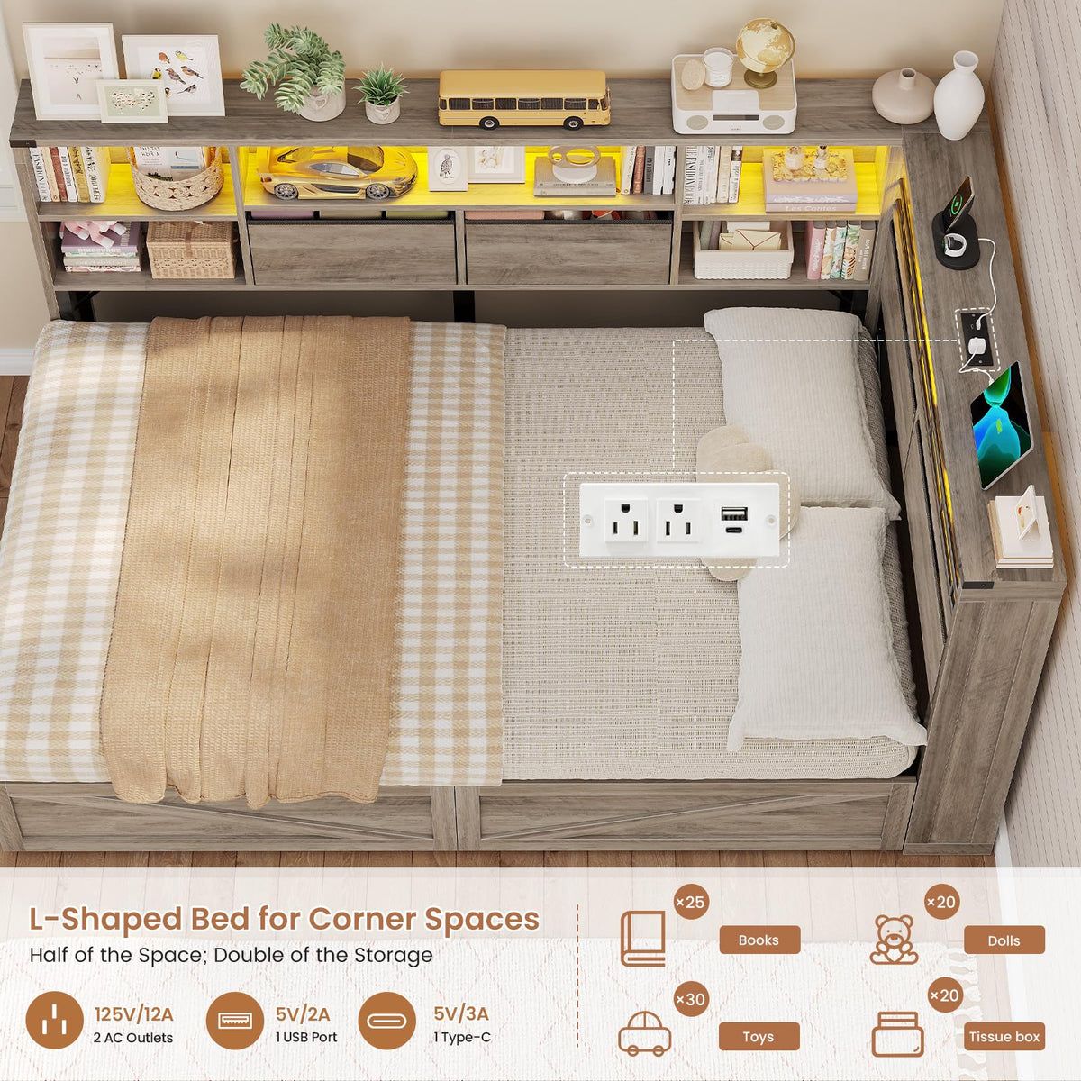 Twin Corner Bed Daybed with 6 Storage Drawers Grey J437086