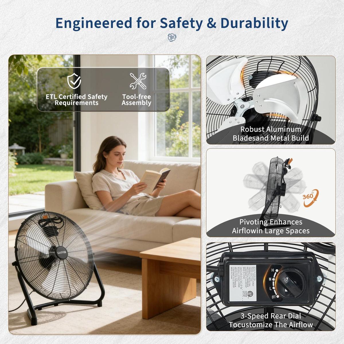 20 Inch High Velocity 3 Speeds Portable Floor Fan D3086