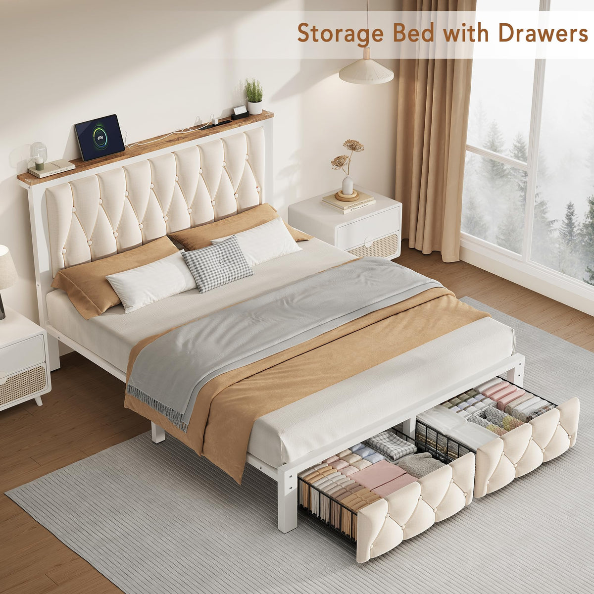 Beige Full Upholstered Platform Bed Frame with 2 Storage Drawers J831683