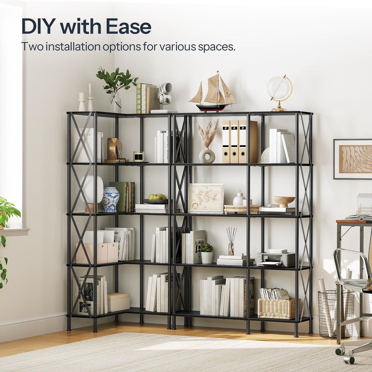 Black 5-Tier L-Shaped Corner Bookshelf U822