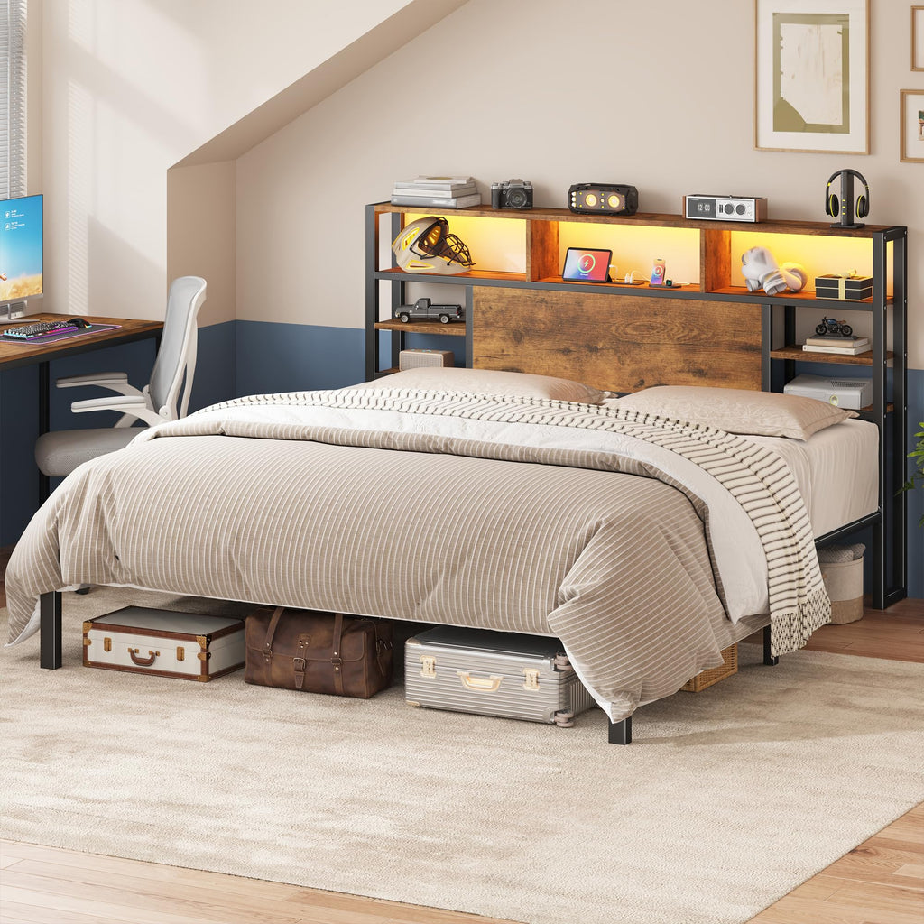 King Bed Frame with Storage Headboard and Charging Station P6449