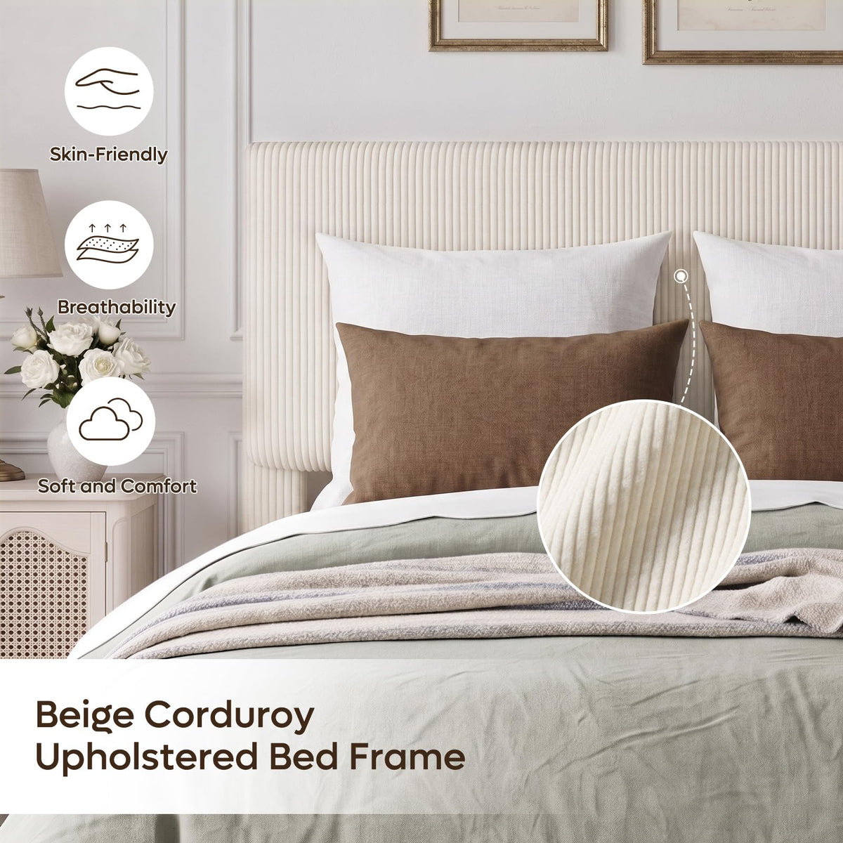 Queen Bed Frame with Headboard LED Lighting, Upholstered, Beige J67460