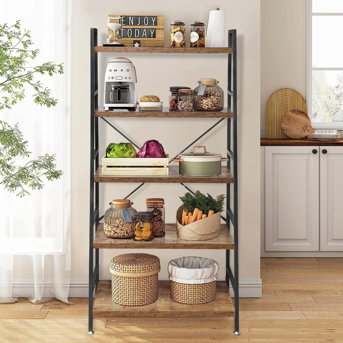 5 Tier Rustic Brown Wood and Metal Bookshelf Z904119