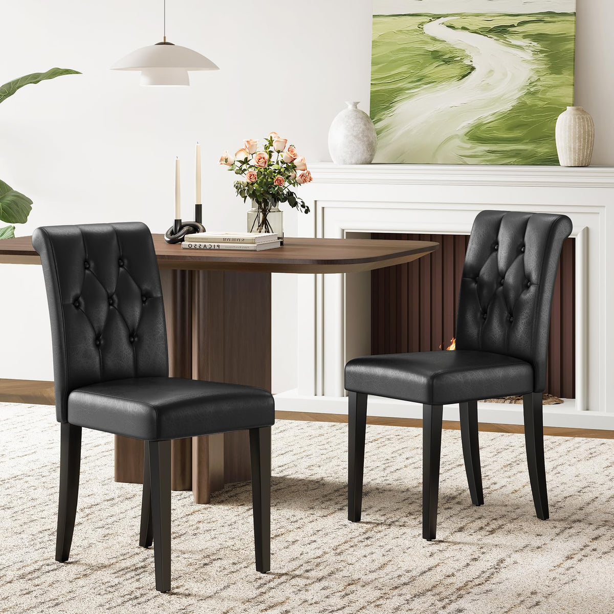 Upholstered Dining Chairs Set of 4 Tufted Wood Legs Jet Black V71682
