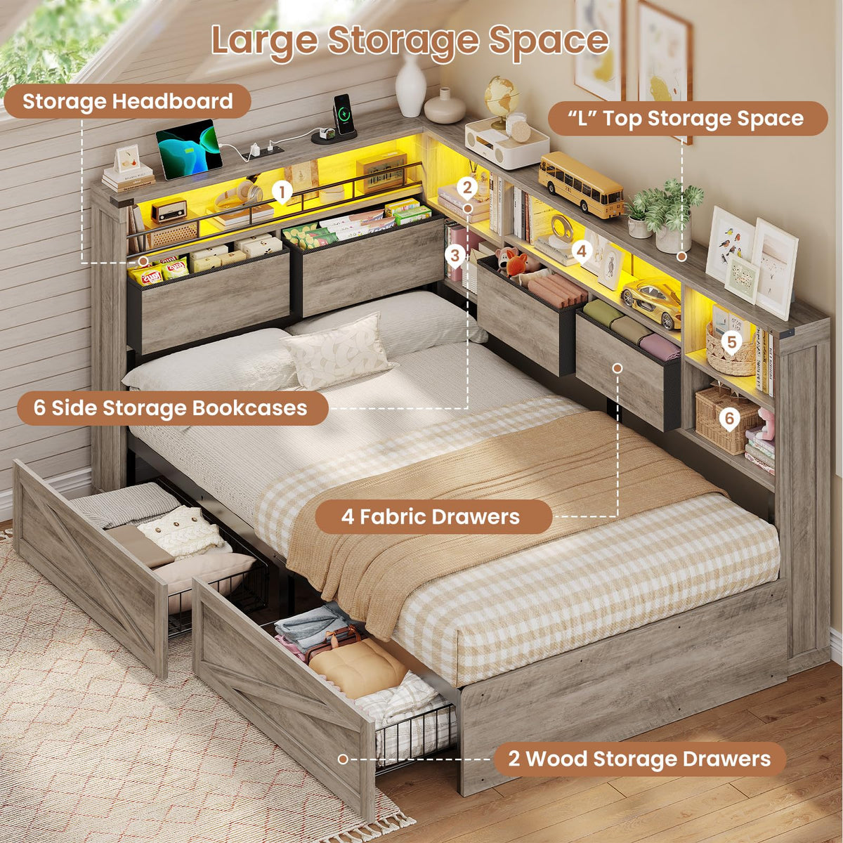 Twin Corner Bed Daybed with 6 Storage Drawers Grey J437086