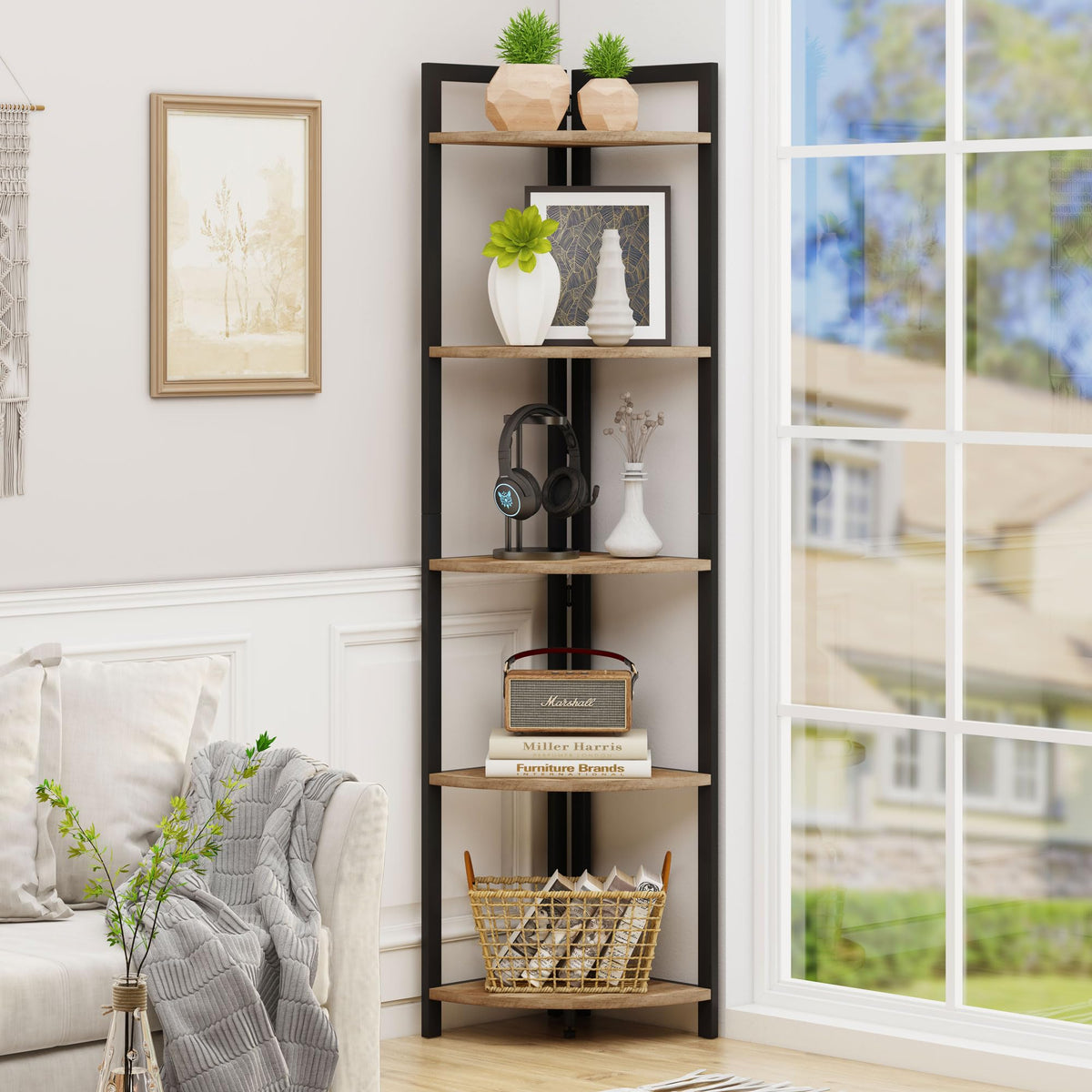 Tall Wood and Metal Corner Bookshelf F4517