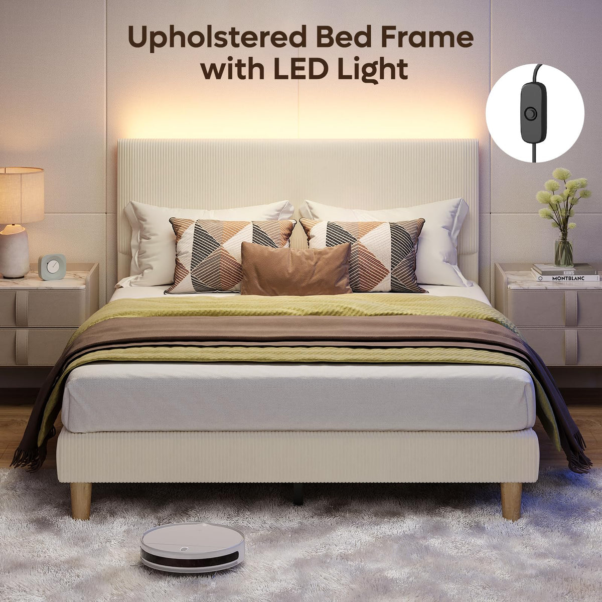 Queen Bed Frame with Headboard LED Lighting, Upholstered, Beige J67460