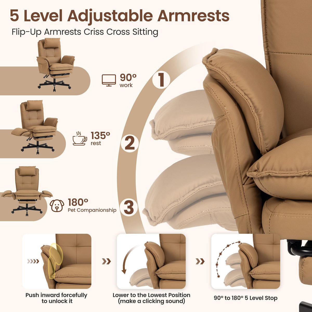 Brown Office Chair with Foot Rest & Flip Armrests K801368