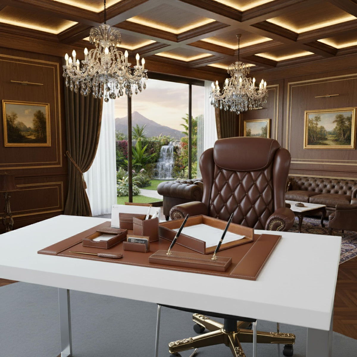 Rustic Brown Leather Desk Set, 8-Piece P595