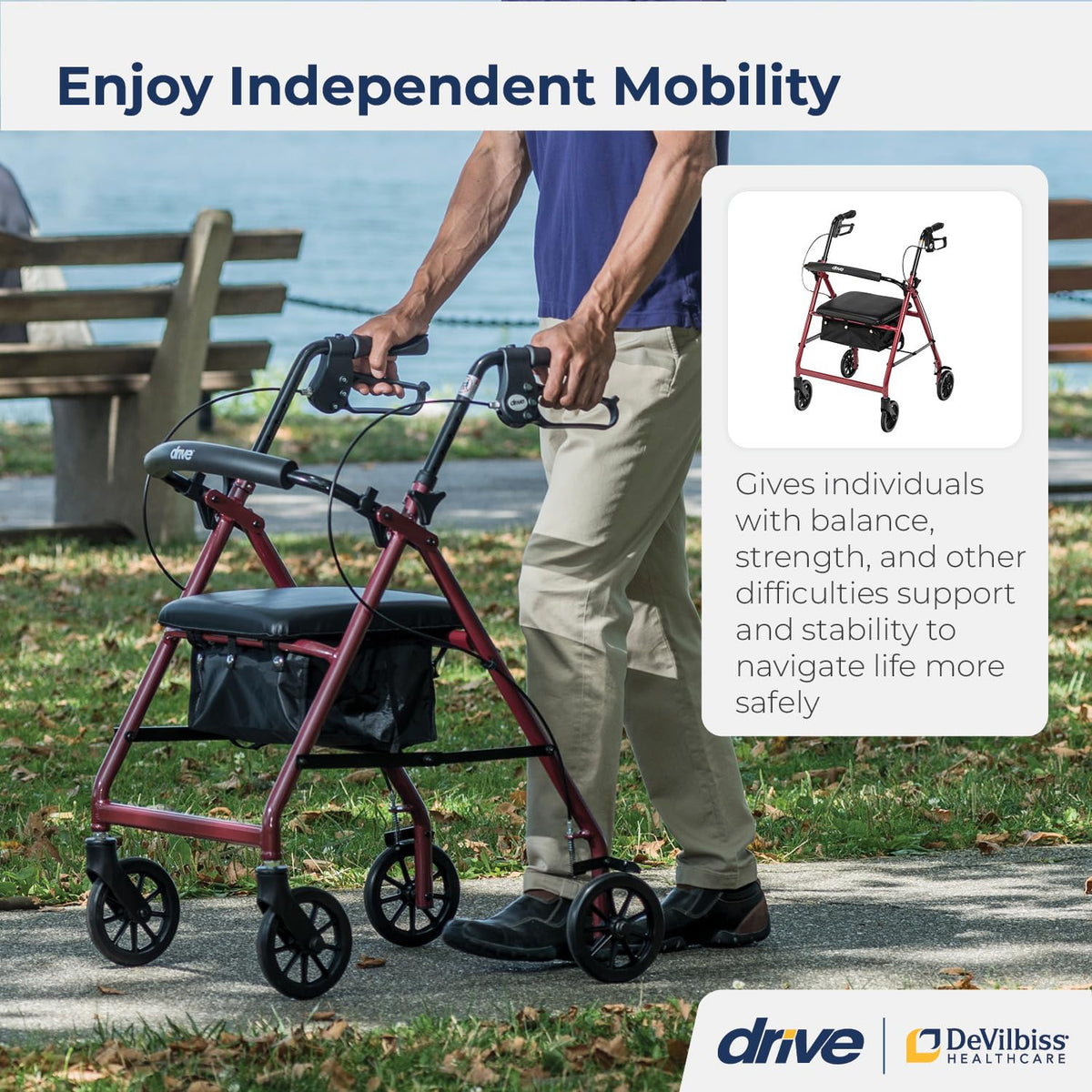 Red Aluminum Rollator Walker with Padded Seat and 6" Wheels D363