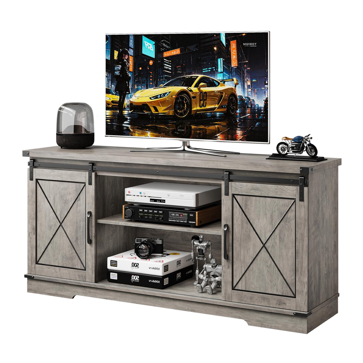 65" Rustic Farmhouse TV Stand with Sliding Barn Doors D3744