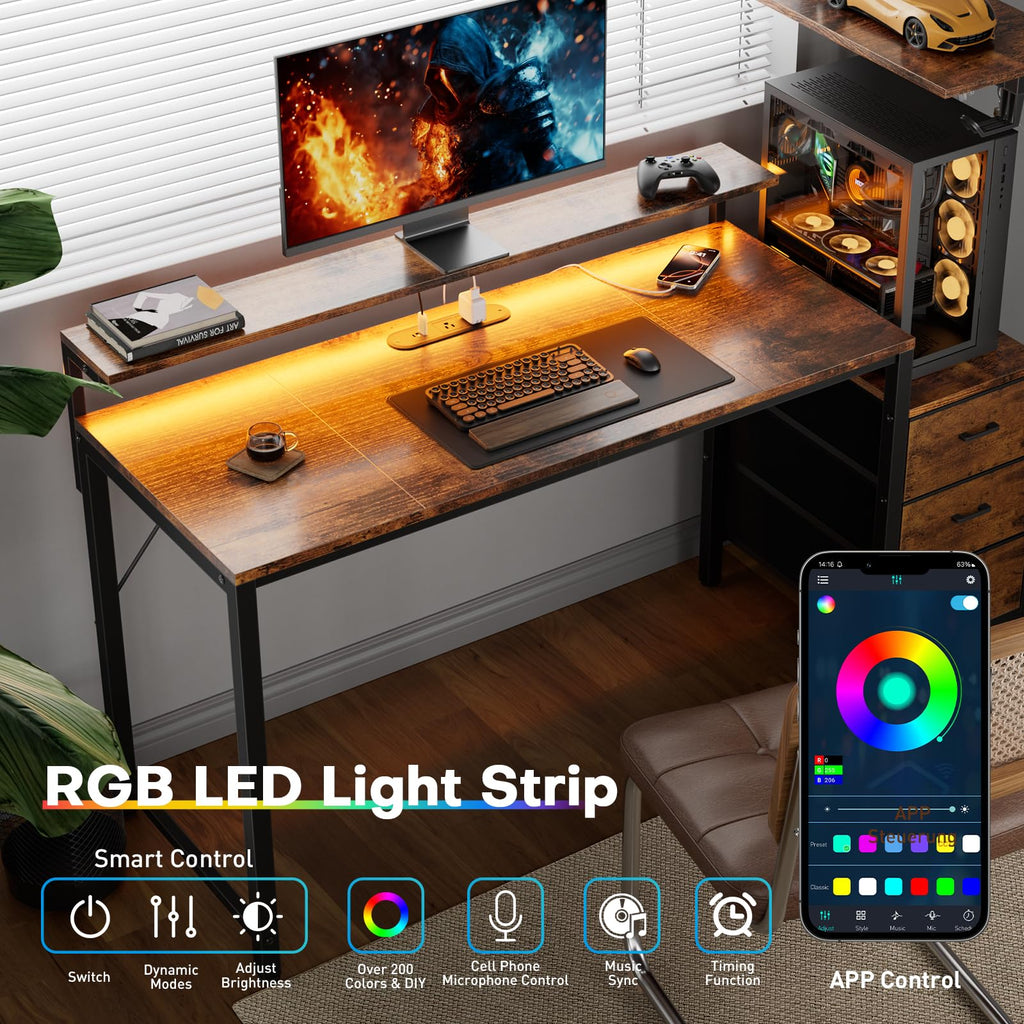 44 Inch Gaming Desk with Power Outlets & LED Lights D145259