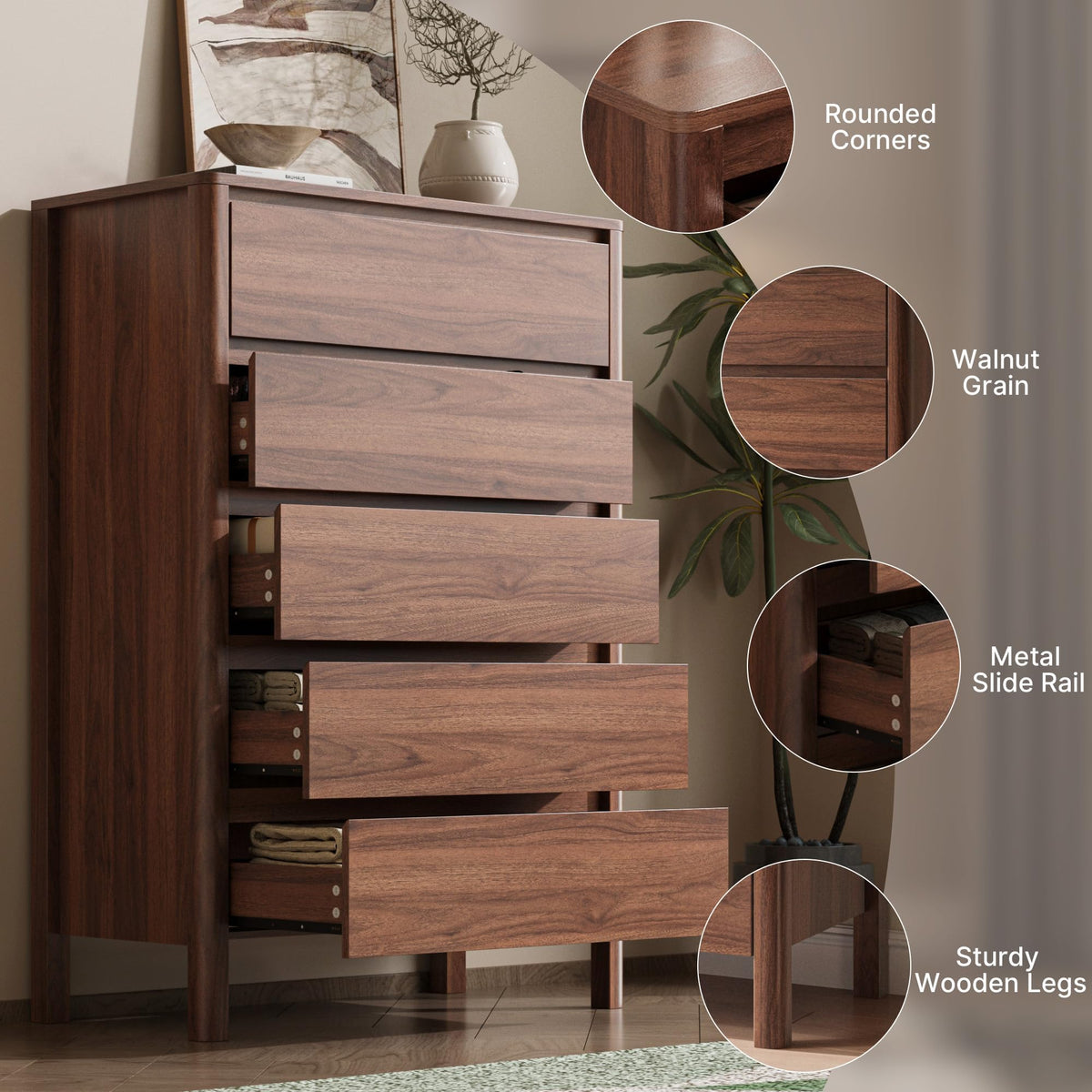 Walnut 5 Drawer Wood Dresser Q453