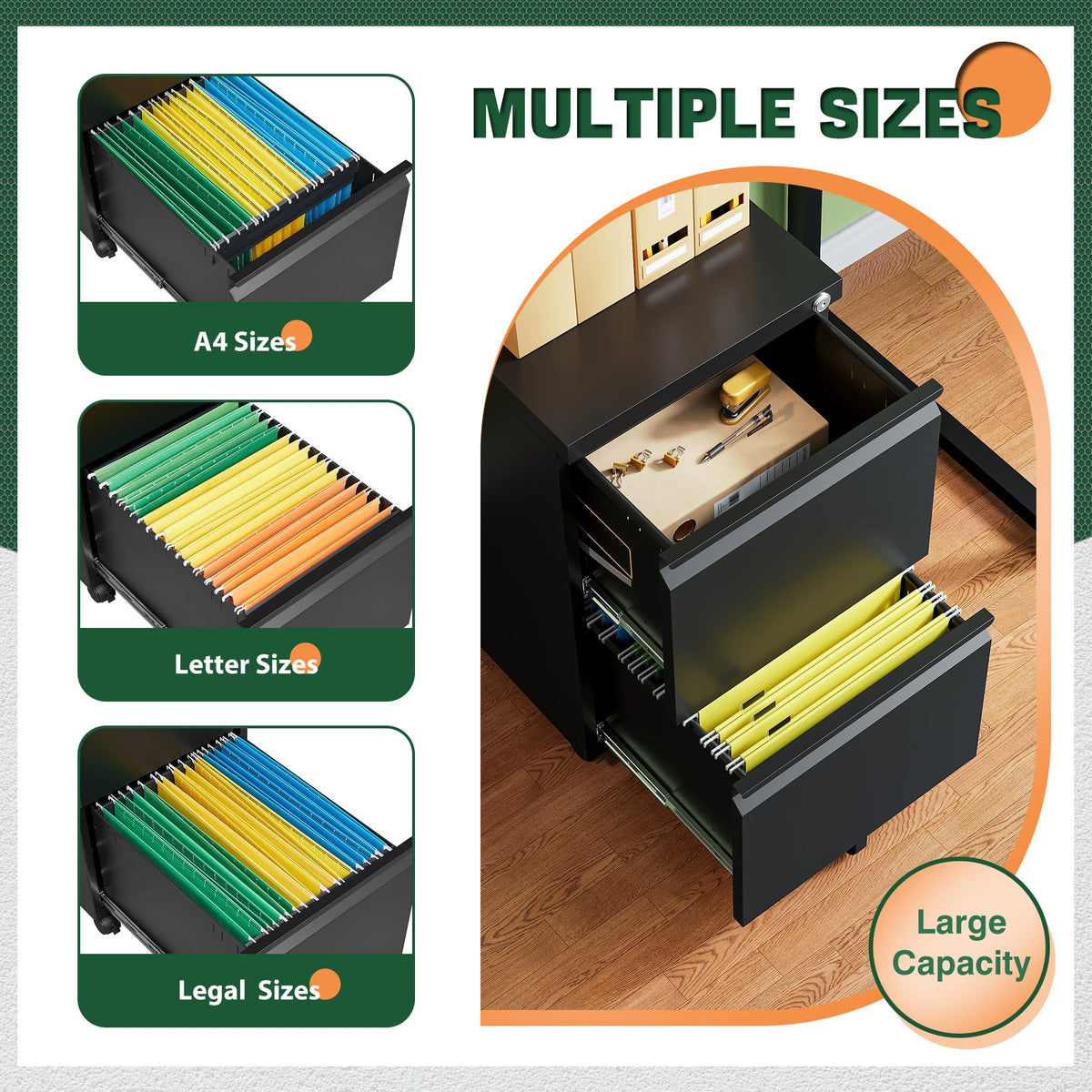 2 Drawer Black Metal Mobile File Cabinet with Lock U31044