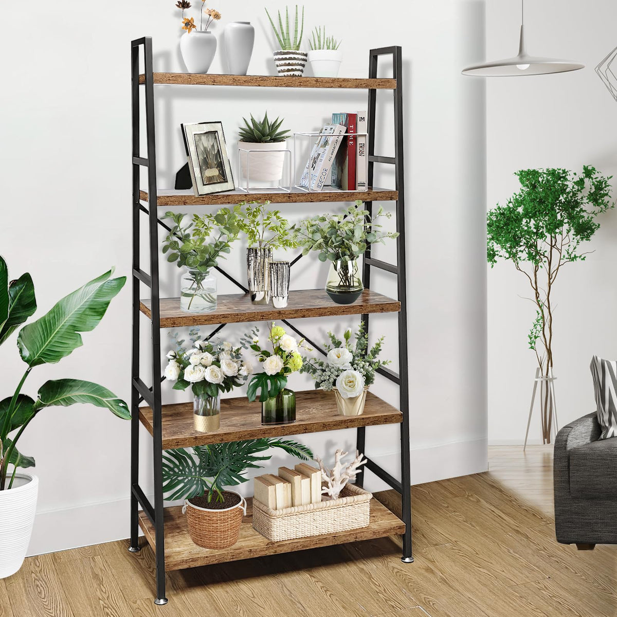 5 Tier Rustic Brown Wood and Metal Bookshelf Z904119