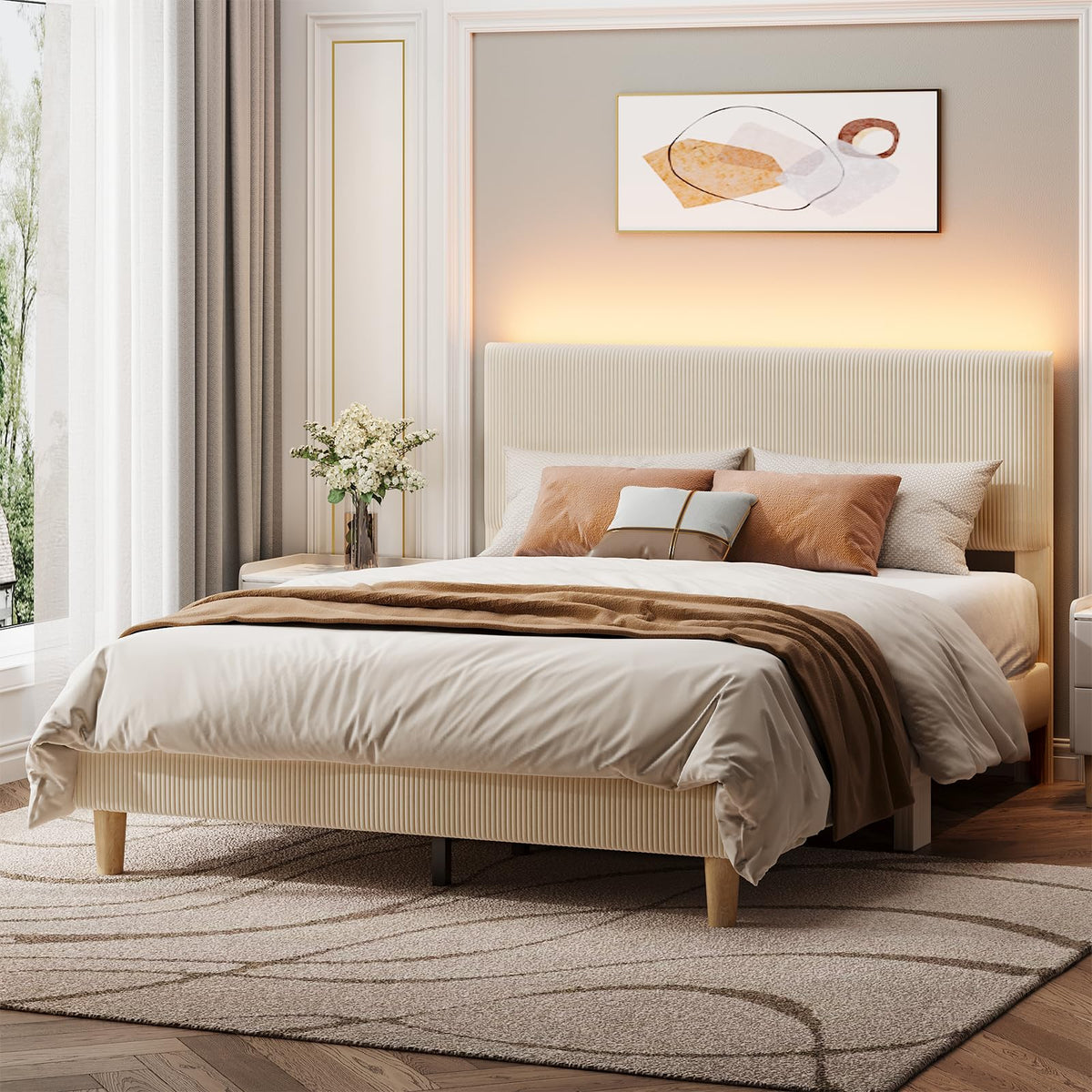 Queen Bed Frame with Headboard LED Lighting, Upholstered, Beige J67460